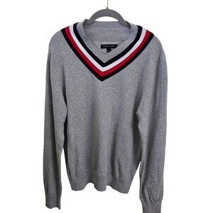 Tommy Hilfiger Cricket V Neck Sweater Gray Red White Blue Stripe Unisex Size M